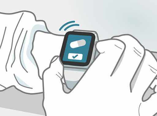 Graphic of MyTherapy med reminder and health tracker being used on smartwatch