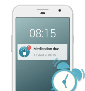 phone screen displaying medication reminder and alarm clock