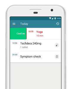 Phone screen displaying notification for symptom check, medication and activities.